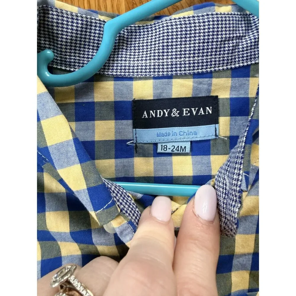 NWT Andy & Evan Boys Shirtzie Bodysuit 18-24M Blue Yellow Gingham Button Down